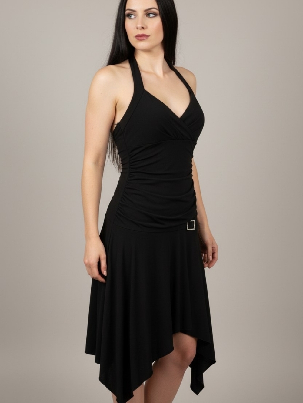 City Triangles ✦ Black Halter Handkerchief Dress ✦ Ruched Bodice Rhinestone M - Picture 8 of 14